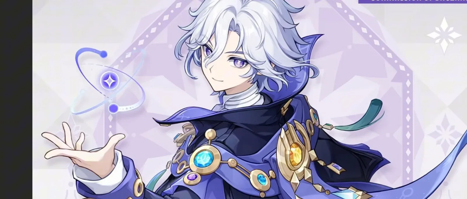 Mitya, Genshin Impact 7.2 drip marketing art, white-haired man in a violet coat with an orbiting Electro sigil