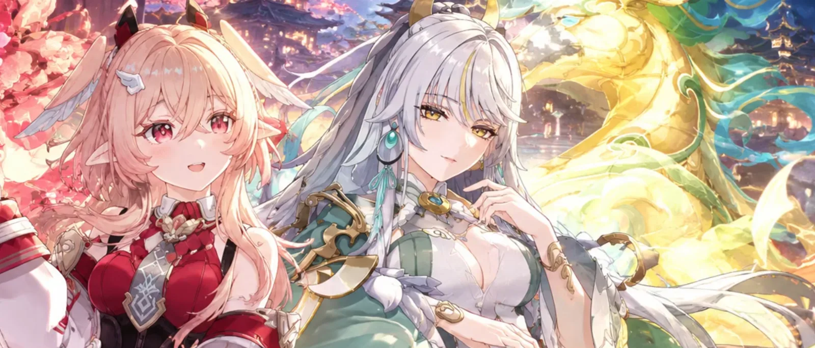 Zibai and Linnea, two Geo 5-stars of Genshin Impact, side by side in festival art for the 7.2 phase 2 reruns