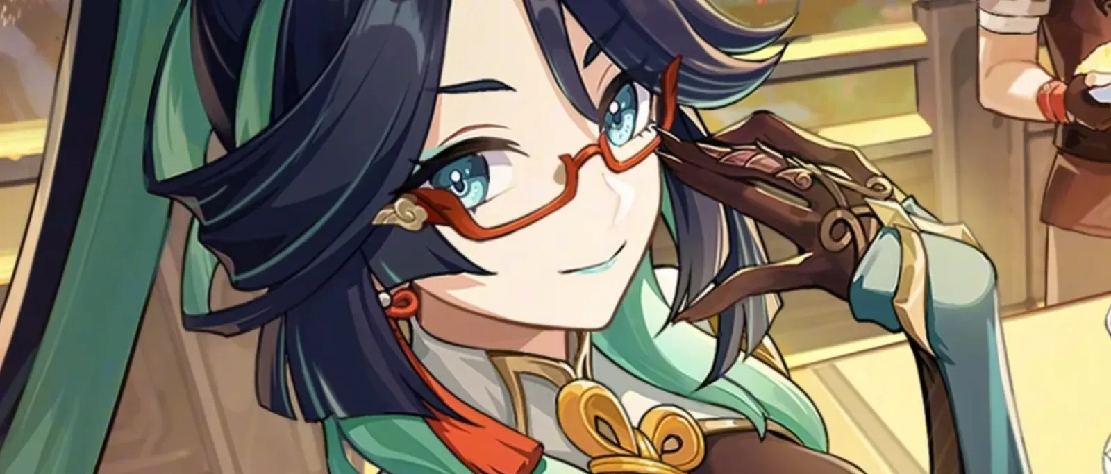 Xianyun, Anemo catalyst 5-star of Genshin Impact, adjusting her red glasses in official art, for a 7.4 rerun
