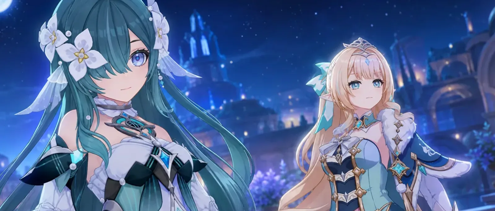 Vodyanitsa and Vesna, the 7.1 Genshin Impact duo, standing together in official art, for a shared 7.5 rerun
