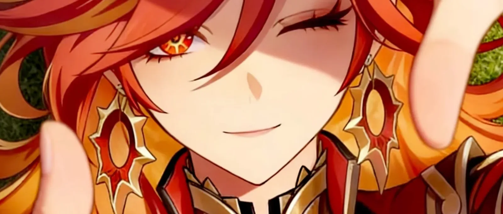 Mavuika, Pyro Archon of Genshin Impact, winking in official art with red and orange hair, for a possible 7.7 rerun