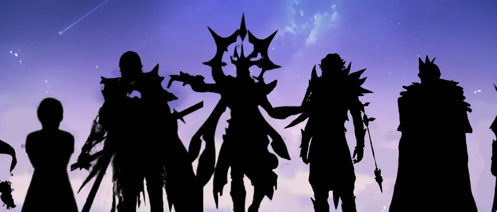 Silhouettes of five unannounced Genshin Impact characters against a violet sky, as Nixo’s video shows them for 7.7