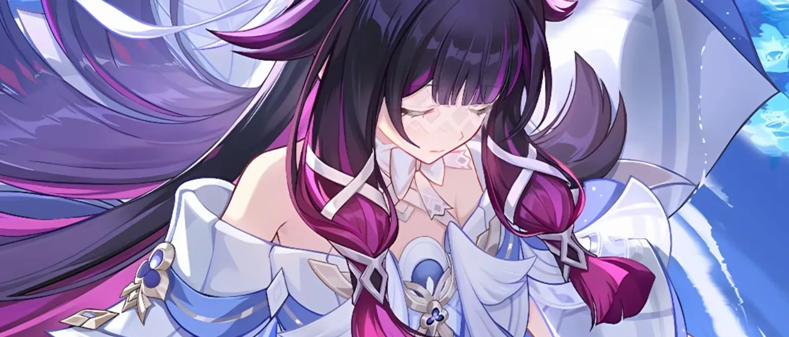 Columbina, Hydro catalyst 5-star of Genshin Impact, eyes closed in white and magenta official art, for a 7.8 rerun