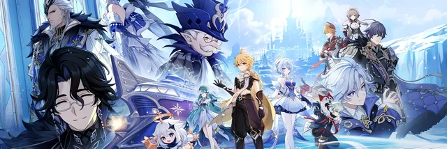 Genshin Impact version key art: the Traveler and companions on the ice of Snezhnaya